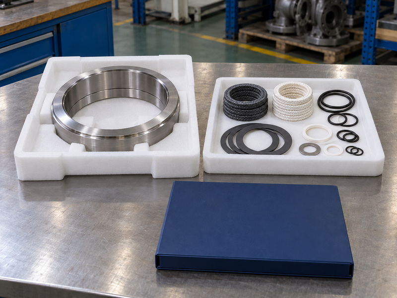 Illustrative metal seat butterfly valve pricelist lifecycle-scope review with a separately protected metal ring, an auxiliary packing and gasket kit in another tray, and a closed plain folder.