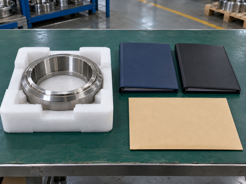 Illustrative metal seat butterfly valve pricelist enquiry review with a protected metal ring, two closed plain folders, and a blank document envelope.