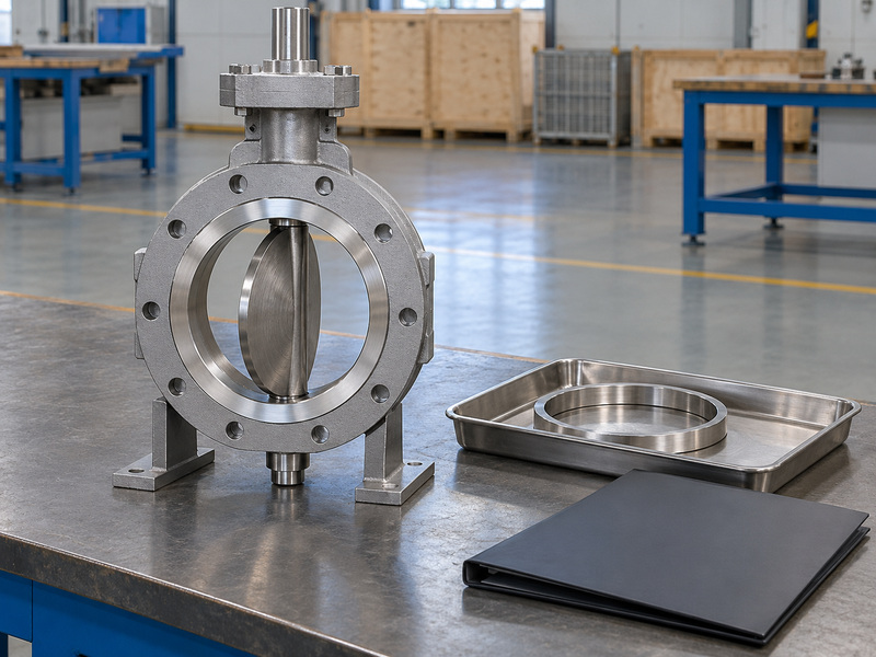 Illustrative metal seat butterfly valve pricelist final-scope review with a static partly open valve on supports, a separate protected metal ring, and a closed plain folder.