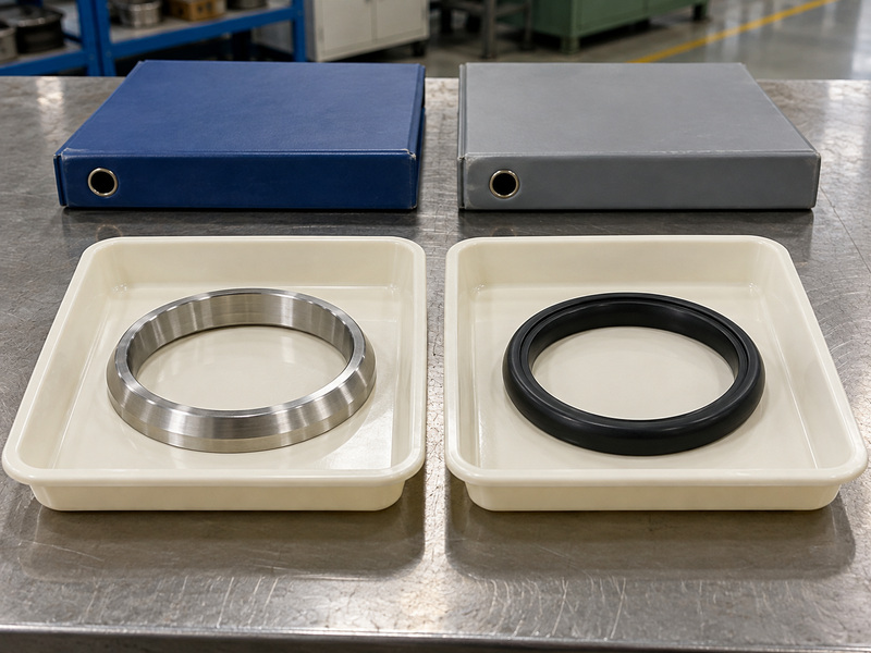 Illustrative metal seated butterfly valves awwa contact-identification review with a separate metallic ring and black elastomer ring in individual trays beside closed plain folders.