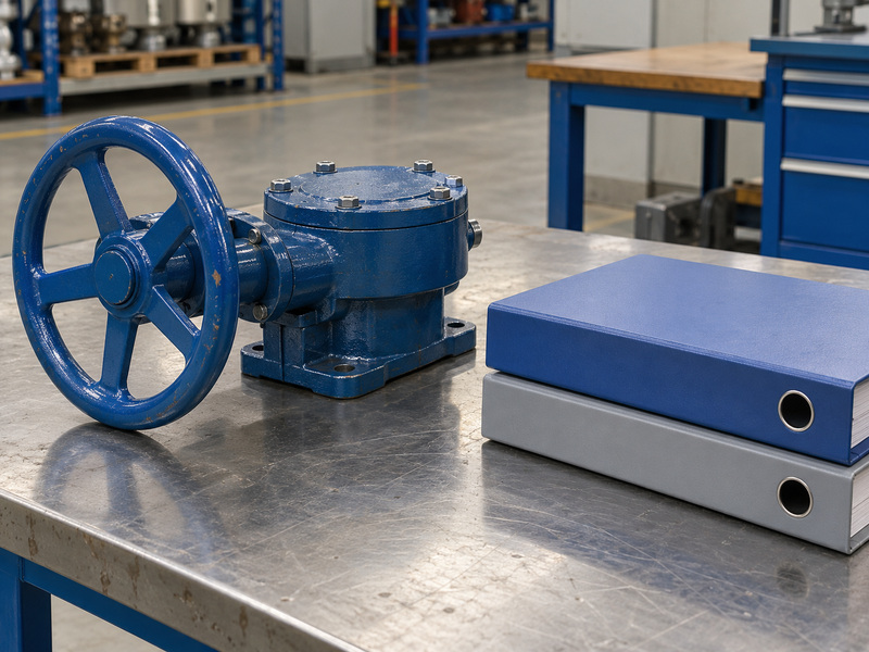 Illustrative metal seated butterfly valves awwa original-design-basis review with a scuffed handwheel gearbox and two stacked closed plain archive folders.