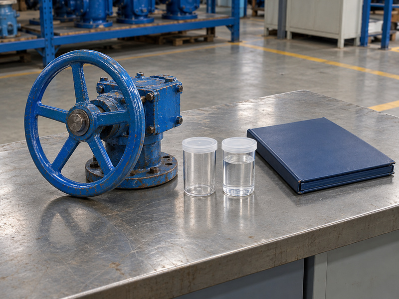 Illustrative metal seated butterfly valves awwa operating-duty review with an unconnected handwheel gearbox, two unlabelled capped containers, one holding clear liquid, and a closed plain folder.