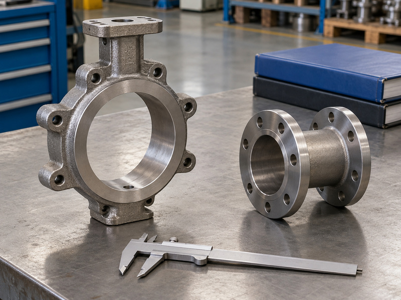 Illustrative metal seated butterfly valves awwa replacement-fit review with a bare valve body, a separate flanged pipe-end component, an unmarked caliper, and closed plain folders.