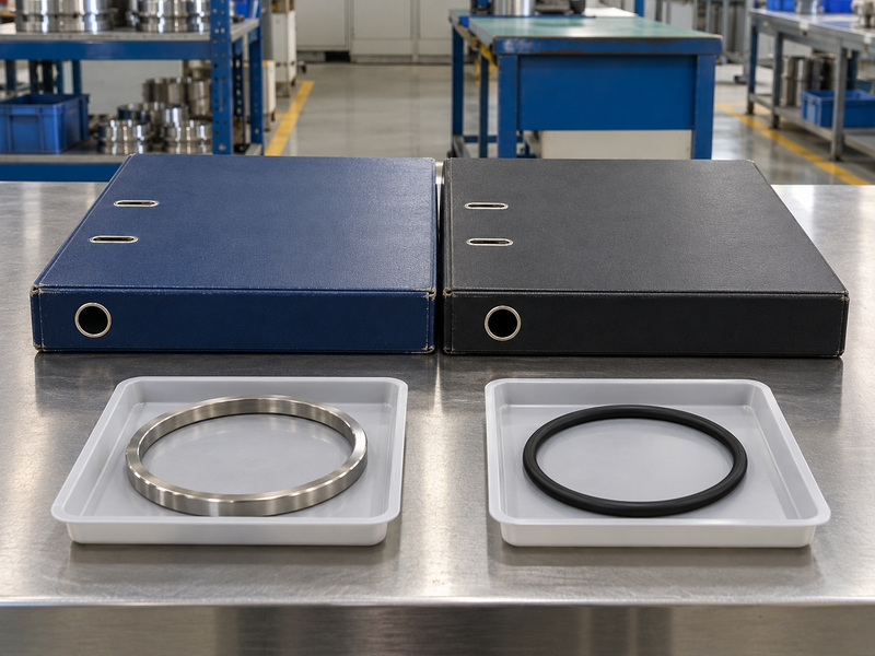 Illustrative metal seated butterfly valves awwa replacement-scope review with two closed plain folders and separate metallic and black elastomer rings in individual trays.