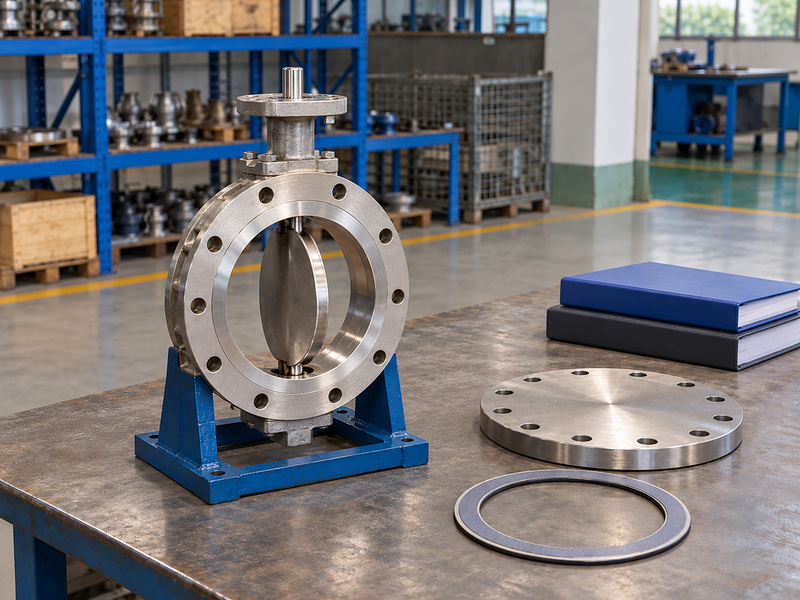 Illustrative metal seated butterfly valves awwa acceptance-basis review with a fully visible static supported valve, a detached blanking plate, a separate gasket, and closed plain folders.