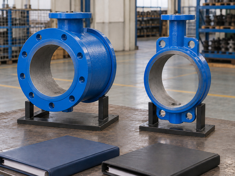 Illustrative metal seated butterfly valves awwa connection-difference review with a coaxial double-flanged bare valve body and a separate thin wafer-style bare body on individual supports.