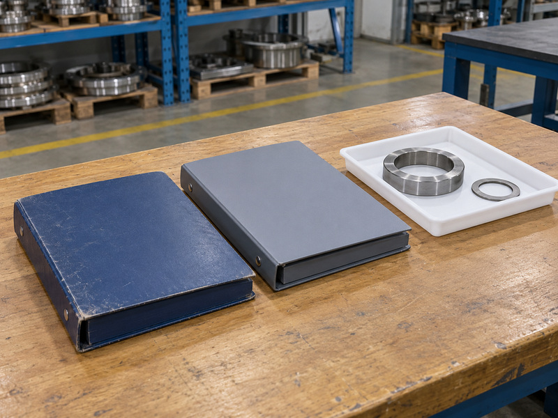 Illustrative metal seated butterfly valves awwa handover review with two closed plain folders showing different surface wear and a protected metal ring beside a separate auxiliary gasket.