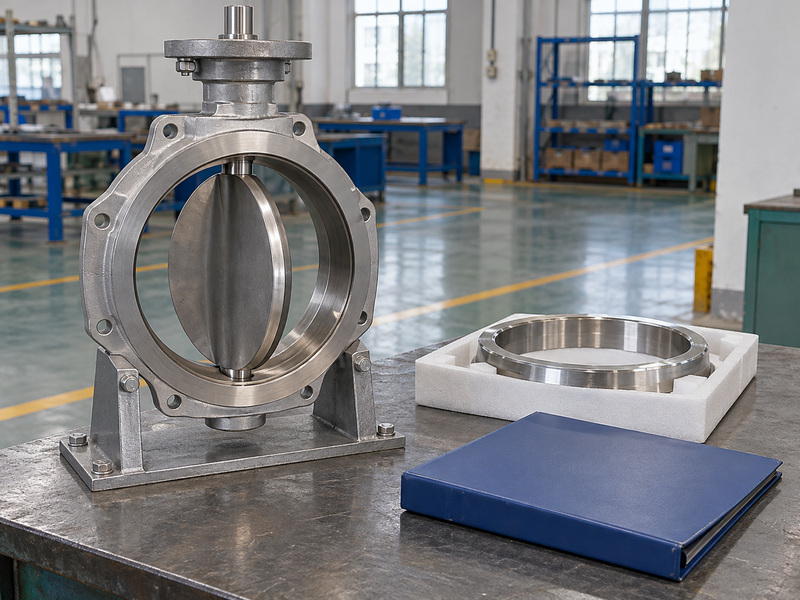 Illustrative metal seated butterfly valves awwa final legacy-replacement review with an unconnected partly open valve on a support, a protected metallic ring, and a closed plain folder.
