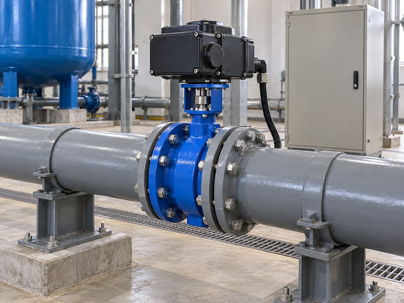 motor butterfly valve: illustrative electric actuator and blue butterfly valve in supported pipework beside a closed control cabinet