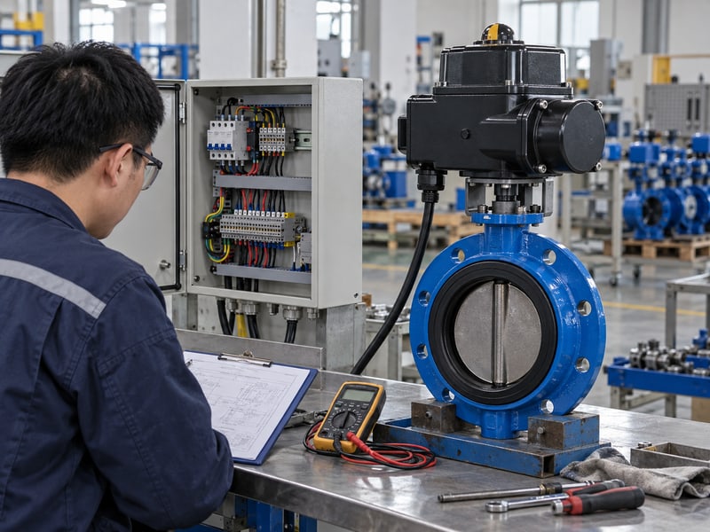 motor butterfly valve: illustrative electric valve, open control enclosure, idle meter and drawing clipboard at a workshop check station