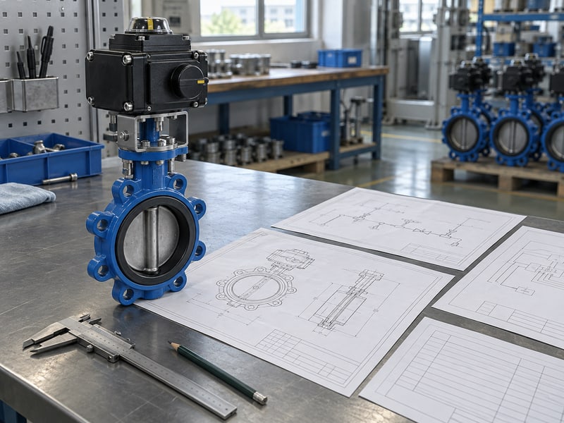 motor butterfly valve: illustrative electric butterfly valve beside illustrative assembly and piping drawings, caliper and pencil