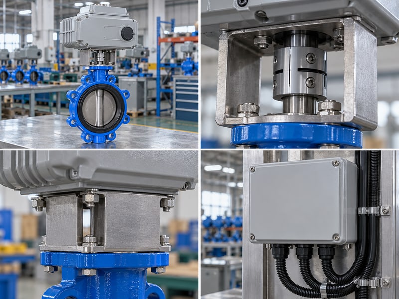 motor butterfly valve: illustrative four-panel photo matrix of an electric valve assembly, coupling, mounting bracket and closed control enclosure