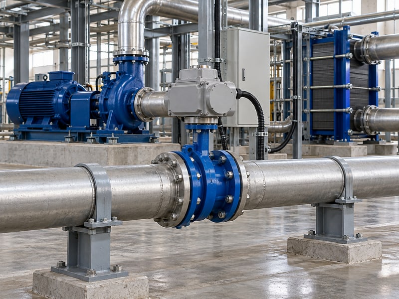 motor butterfly valve: illustrative electric butterfly valve in a supported cooling-water line beside a circulation pump and heat exchanger