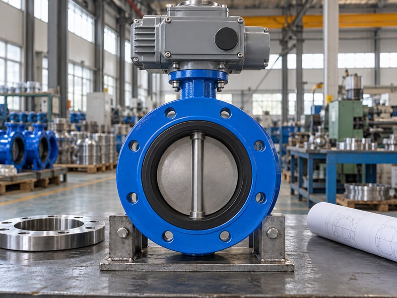 motor butterfly valve: illustrative flanged electric butterfly valve and companion flange on a mechanical review bench