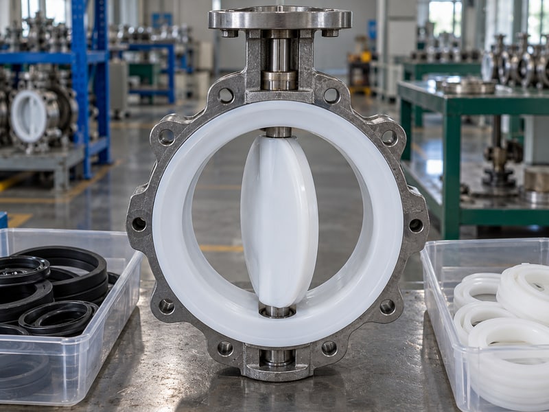 motor butterfly valve: illustrative lined butterfly-valve bore, partly open disc and seal components on a material-review bench