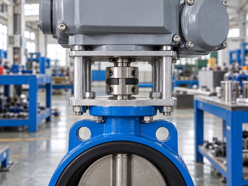 motor butterfly valve: illustrative coaxial coupling between an electric actuator output and valve shaft inside a mounting bracket