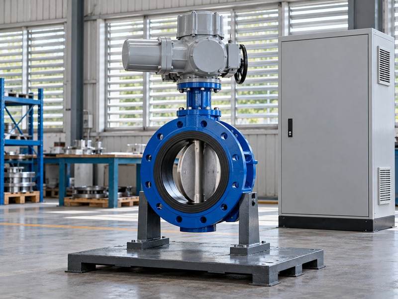 motor butterfly valve: illustrative electric butterfly valve on an isolated support fixture beside a ventilated closed control cabinet