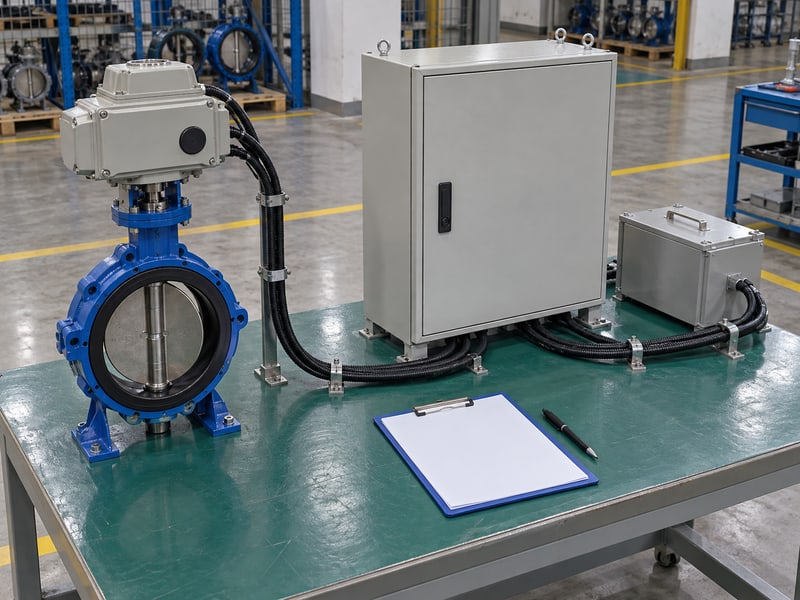 motor butterfly valve: illustrative electric valve, closed control enclosure and closed reserve-energy module on a review table