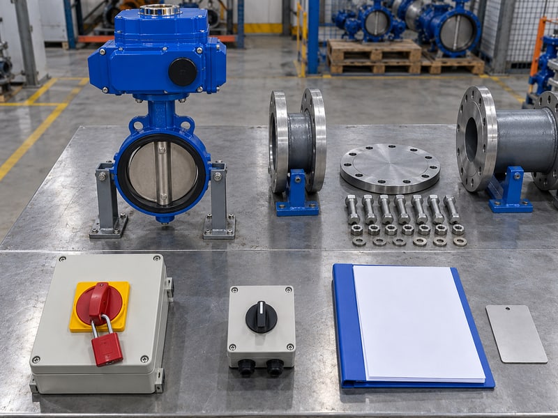 motor operated butterfly valve: illustrative four-part readiness photo matrix with valve, isolator, controls and plain records