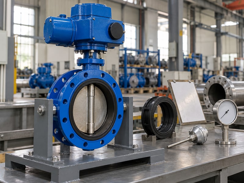 motor operated butterfly valve: illustrative supported electric valve beside seat, temperature and pressure components