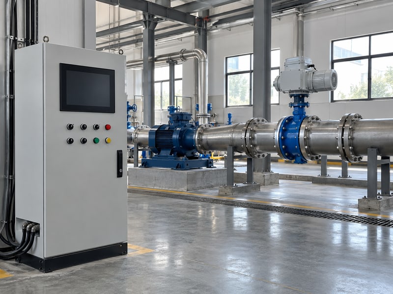 motor operated butterfly valve: illustrative closed remote-control cabinet facing supported valve and pump equipment