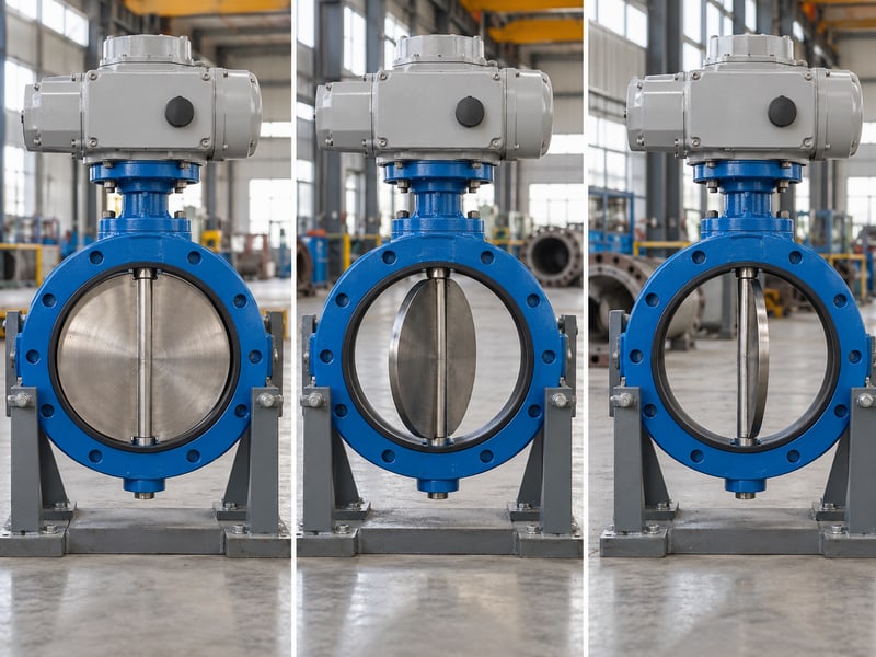 motor operated butterfly valve: illustrative three-part photo matrix of butterfly-disc travel positions on supported fixtures