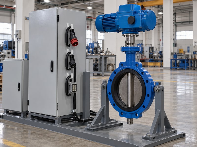 motor operated butterfly valve: illustrative three disconnected connectors and enclosed reserve option beside unconnected valve