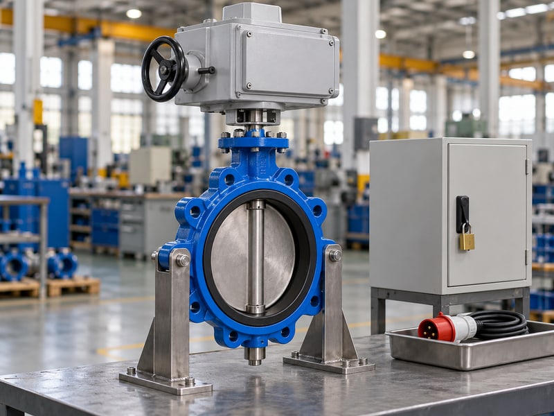 motor operated butterfly valve: illustrative manual override handwheel and clutch beside disconnected supply lead