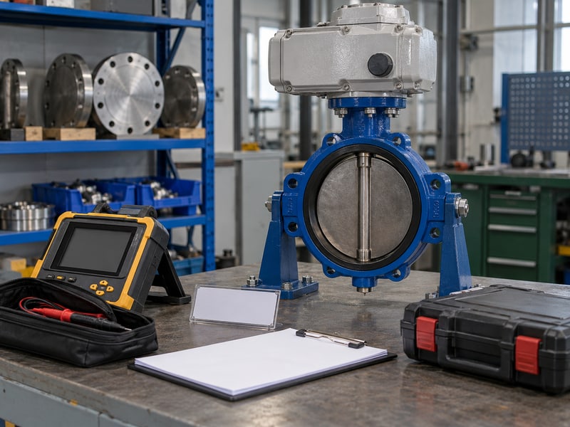 motor operated butterfly valve: illustrative idle diagnostic meter and blank fault record beside electric valve
