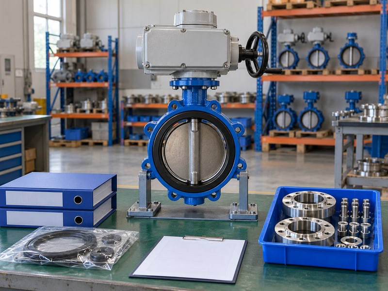 motor operated butterfly valve: illustrative electric valve with override and separately packed spares beside plain folders
