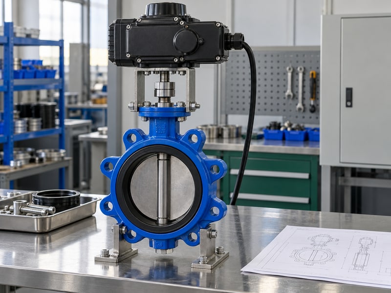 motorized butterfly valve flow control: illustrative supported electric butterfly valve with coupling, sealed cable entry and assembly documents