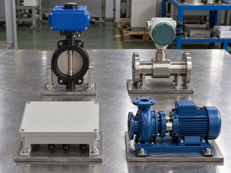 motorized butterfly valve flow control: illustrative four-part photo matrix of valve, flow sensor, controller and circulation pump