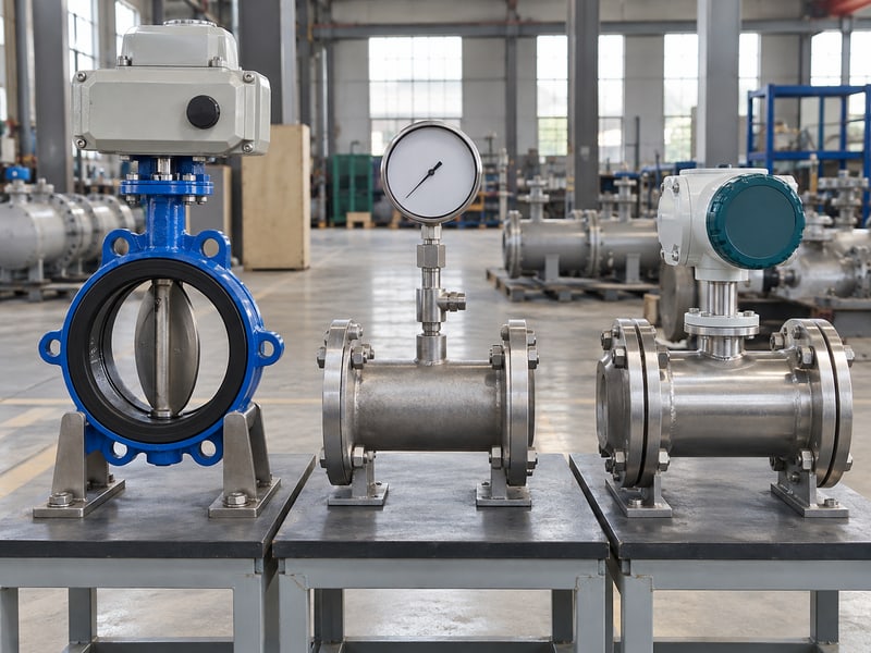 motorized butterfly valve flow control: illustrative three-part photo matrix separating disc position, pressure and flow instruments