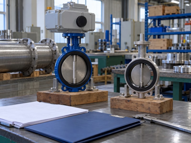 motorized butterfly valve flow control: illustrative different-size butterfly valves beside plain capacity-review folders