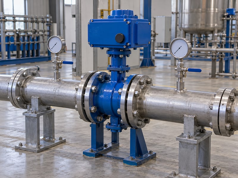 motorized butterfly valve flow control: illustrative supported electric valve spool with separate pressure taps and blank gauges