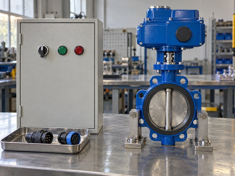 motorized butterfly valve flow control: illustrative closed selector cabinet and separate signal plugs beside an unconnected electric valve