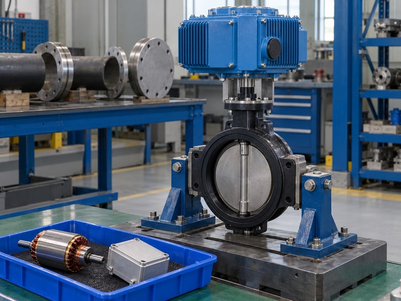 motorized butterfly valve flow control: illustrative finned electric actuator beside isolated motor and thermal components