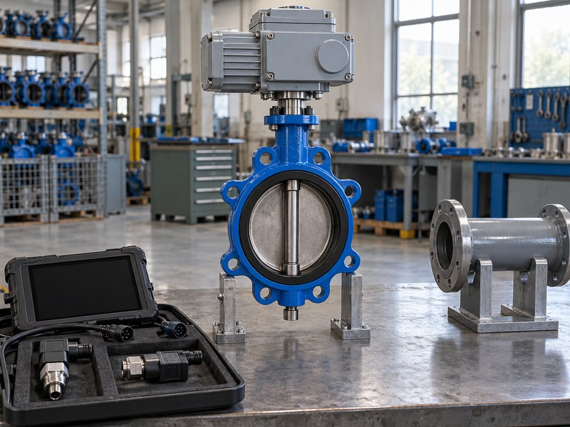 motorized butterfly valve flow control: illustrative idle recorder and separate sensor modules beside a fully visible electric valve and disconnected spool