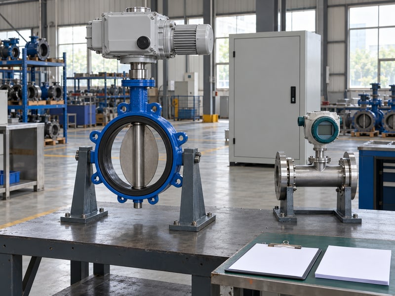 motorized butterfly valve flow control: illustrative unconnected electric valve and separate flow-instrument spool beside blank checklist