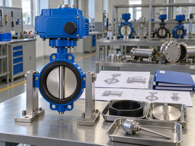 motorized butterfly valve flow control: illustrative electric valve, spare seat and temperature-probe housing on review bench