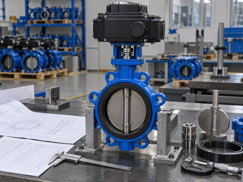 motorized butterfly valve manufacturers: illustrative electric valve assembly and interface drawings at a supplier technical review station