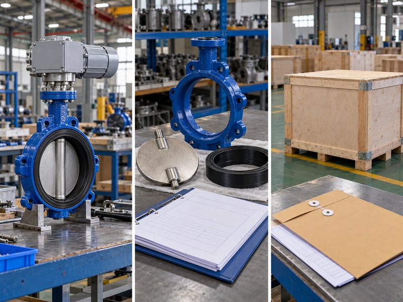 motorized butterfly valve manufacturers: illustrative qualitative photo matrix of electric valve assembly, separate components and unmarked release folders
