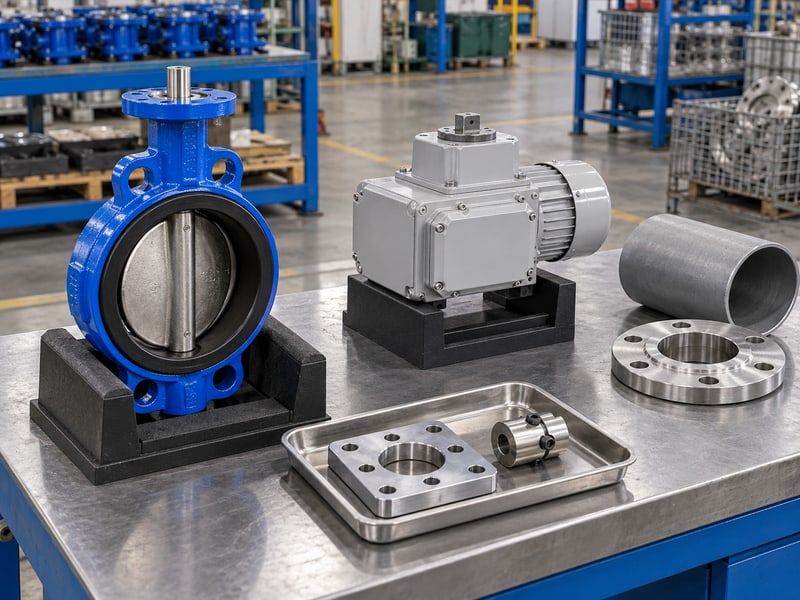motorized butterfly valve manufacturers: illustrative separate wafer valve, closed electric actuator and mounting components on supported review fixtures
