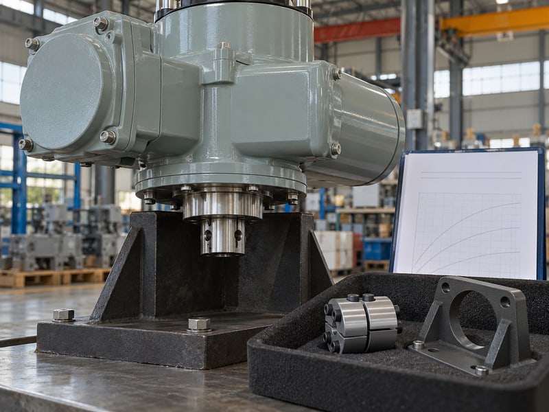 motorized butterfly valve manufacturers: illustrative isolated electric actuator output beside a separate coupling, support bracket and anonymous selection sheet