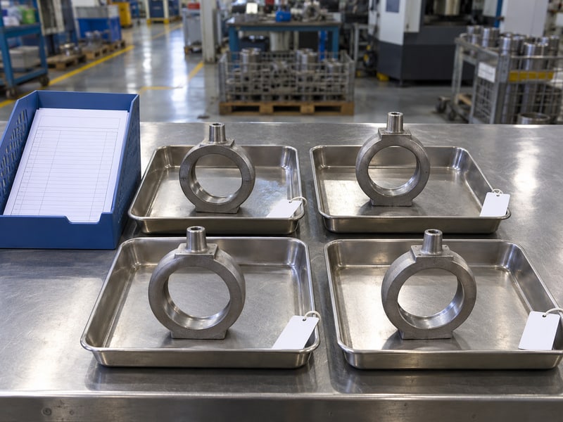 motorized butterfly valve manufacturers: illustrative separate annular body casting samples in individual trays beside blank traceability tags and records