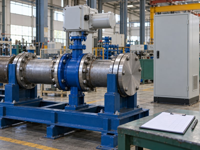 motorized butterfly valve manufacturers: illustrative externally supported electric valve test fixture with closed end plates and a blank inspection plan
