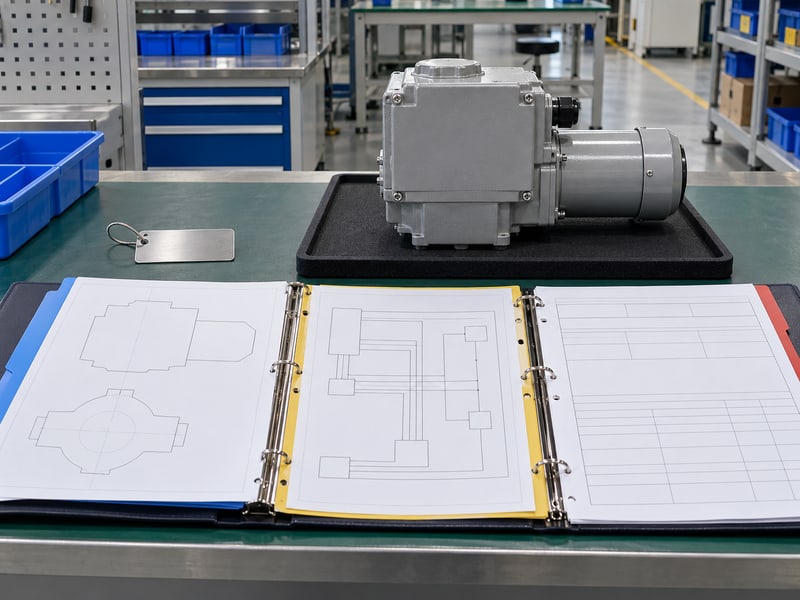 motorized butterfly valve manufacturers: illustrative indexed blank document binder beside a closed electric actuator and unmarked identity tag