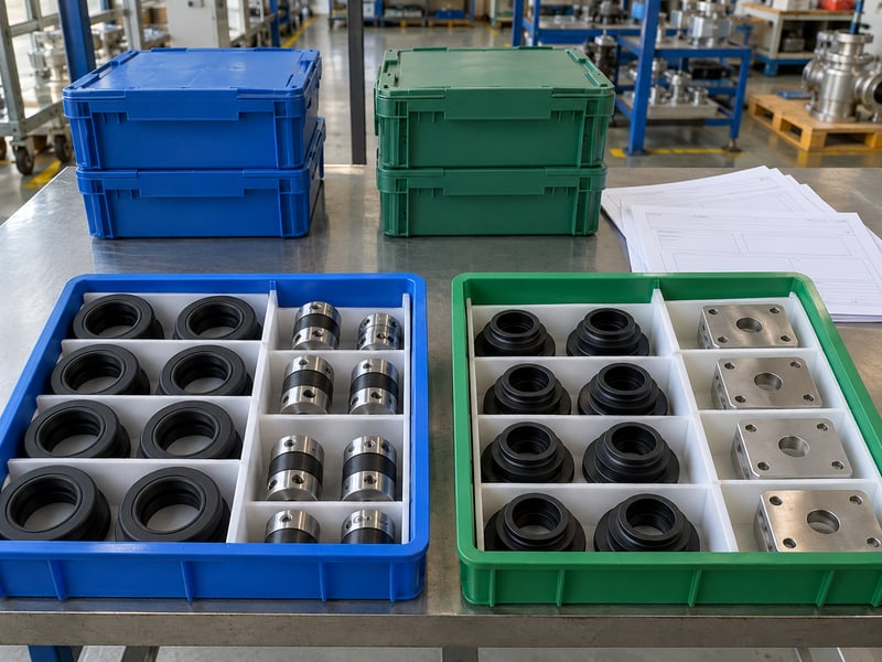 motorized butterfly valve manufacturers: illustrative separated seal, coupling and mounting-plate trays with unmarked records and segregated closed bins
