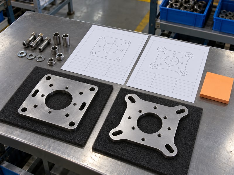 motorized butterfly valve manufacturers: illustrative different unmounted interface plates beside blank comparison forms and an unmarked note tab