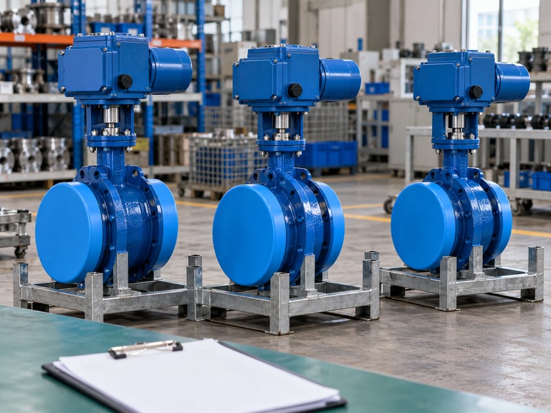 motorized butterfly valve manufacturers: illustrative three independently supported electric butterfly valves with plain transport covers beside a blank record folder
